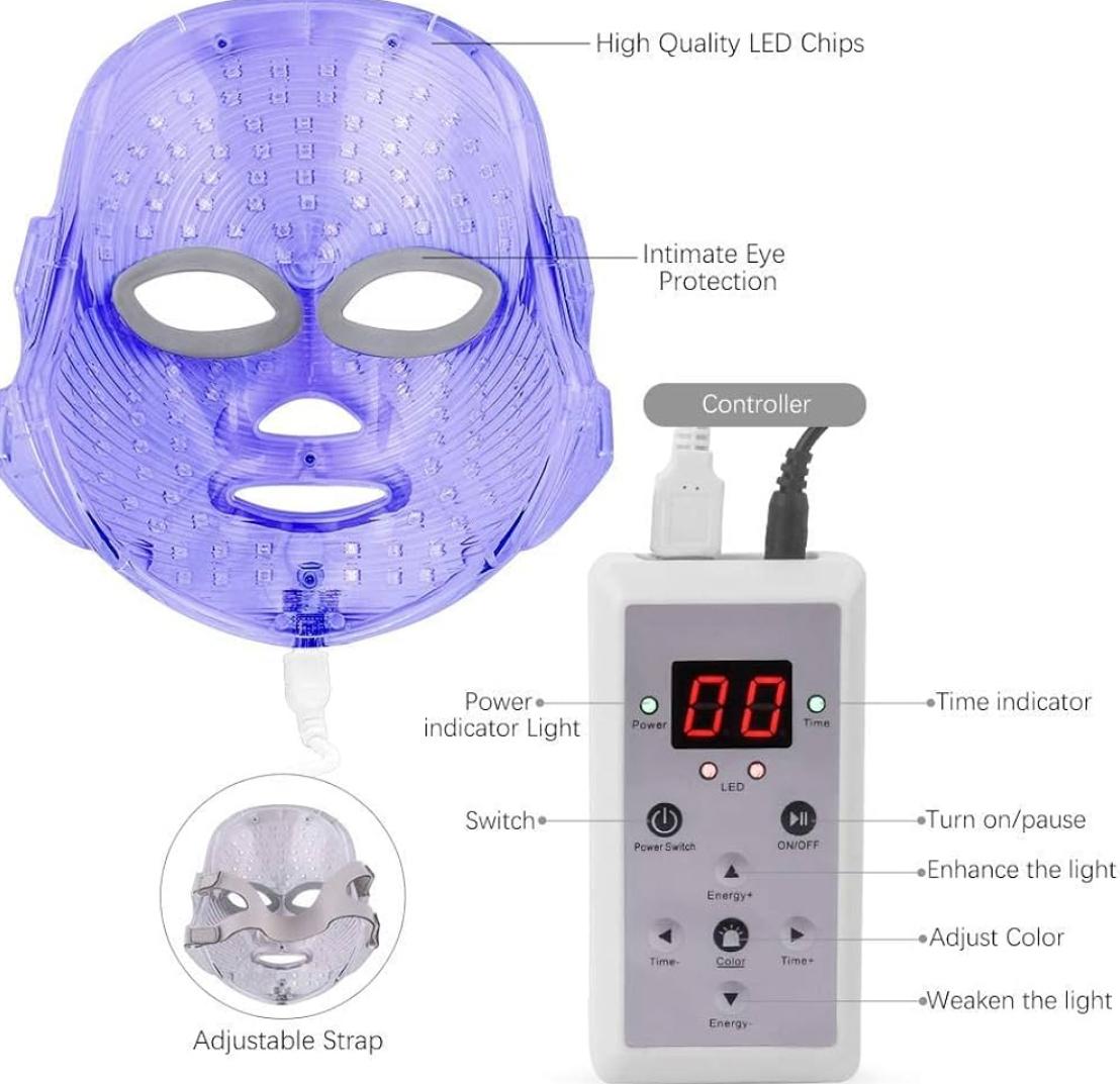 Device Led Face Mask Light Therapy, 7 Led Light Therapy Facial Skin Care Mask, Blue & Red Light for Acne Photon Mask, Korea PDT Technology for Acne Reduction.